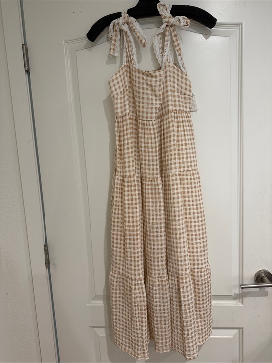 Dresses & Skirts - Gingham Tie-Shoulder Maxi Dress in Beige & White